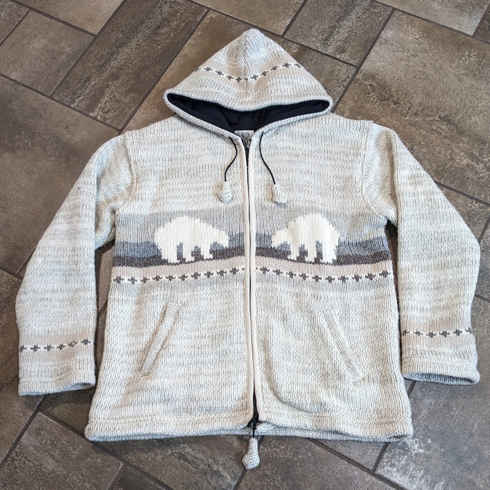 Cowichan Style 100% Wool Full Zip Heavy Feel Knit Sweater Jacket Size L